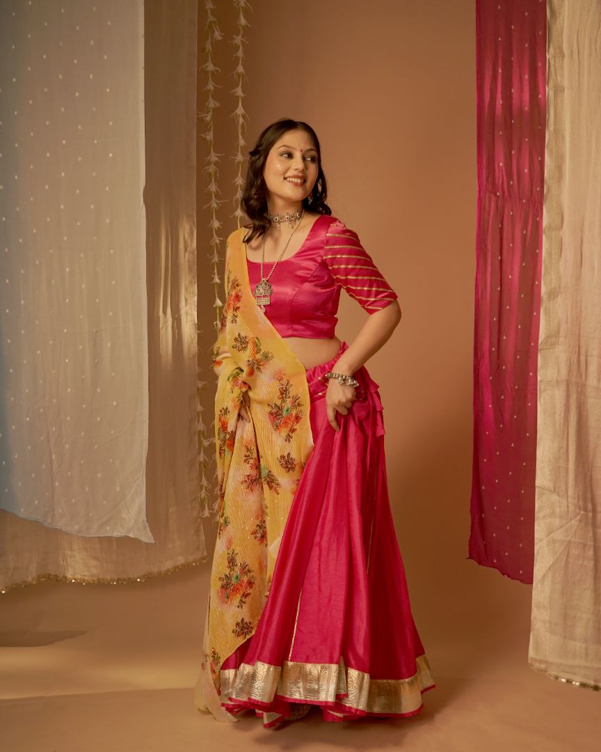 Fuchsia Pink Lehenga Set with Floral Dupatta