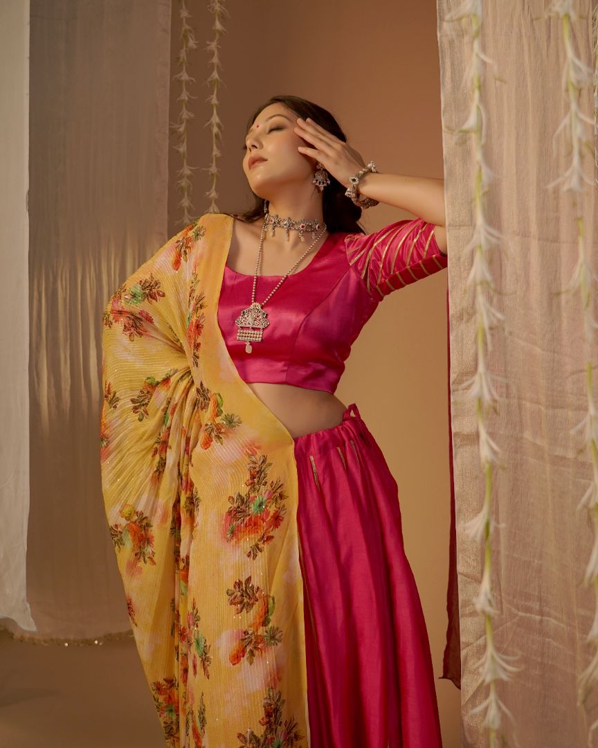 Fuchsia Pink Lehenga Set with Floral Dupatta