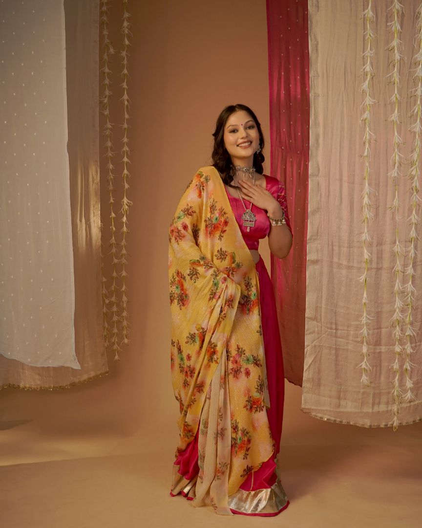 Fuchsia Pink Lehenga Set with Floral Dupatta