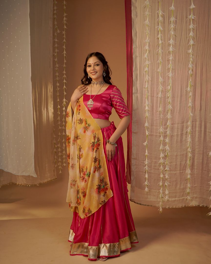 Fuchsia Pink Lehenga Set with Floral Dupatta