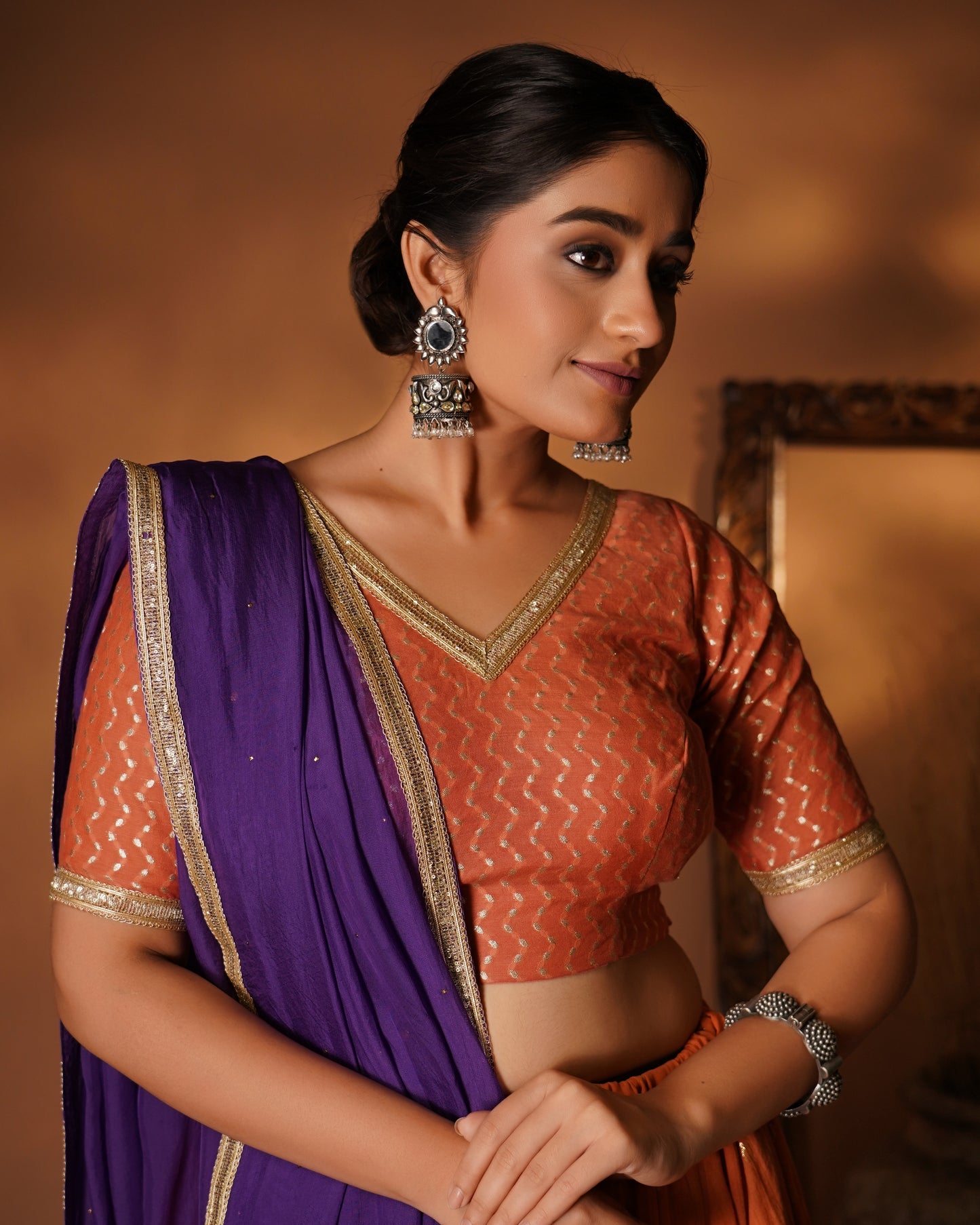 Tangerine Orange & Purple Lehenga Set