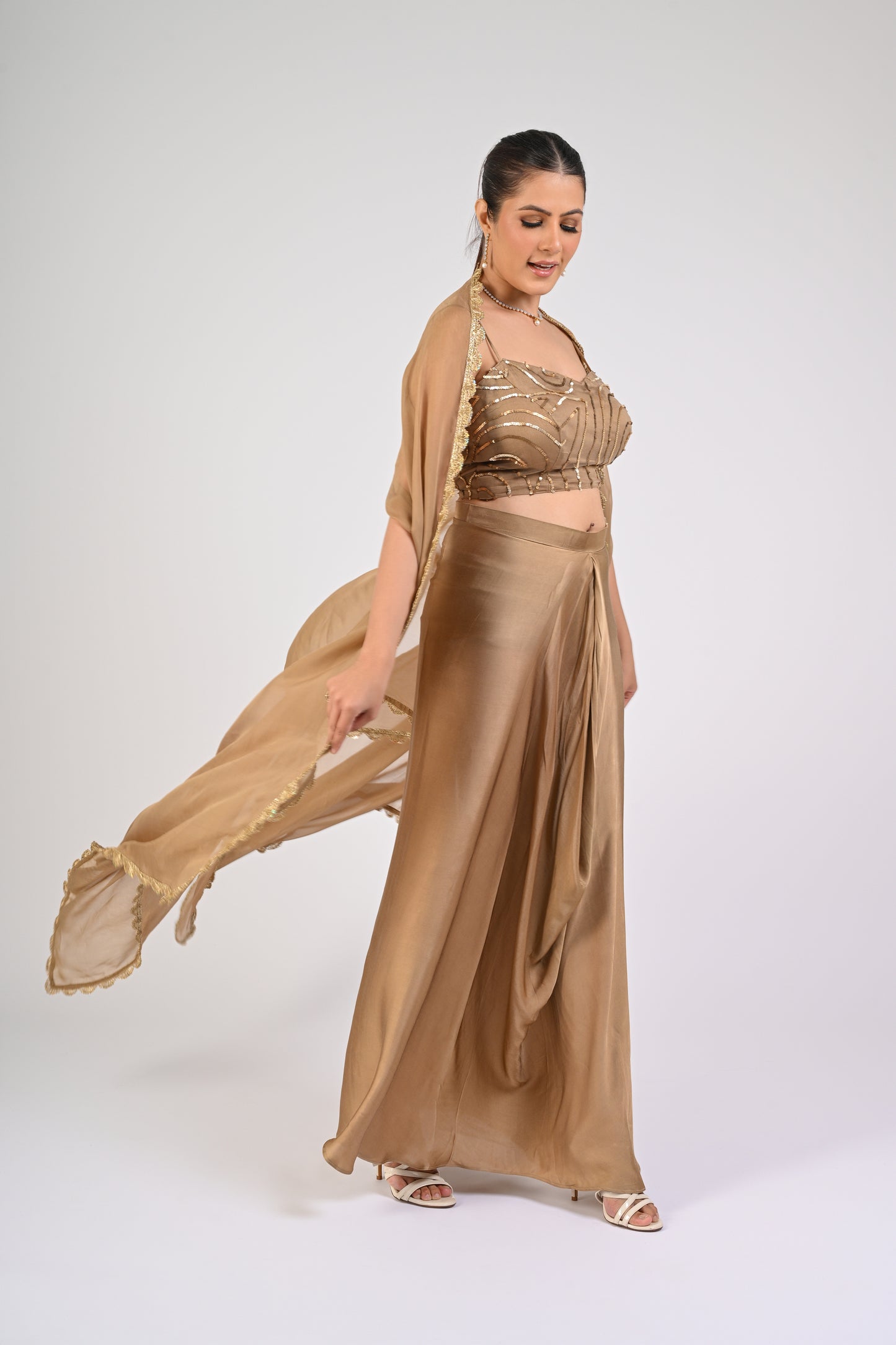 Dull Gold Draped Skirt Set
