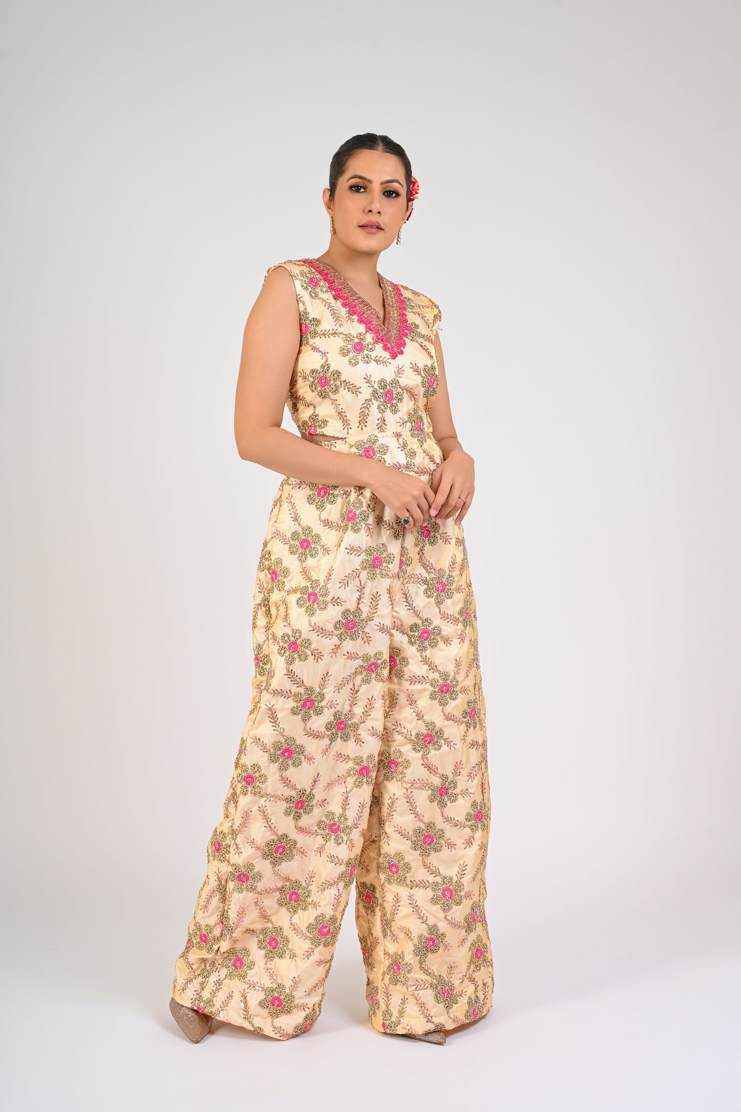 Cream & Fuchsia Floral Embroidered Jumpsuit