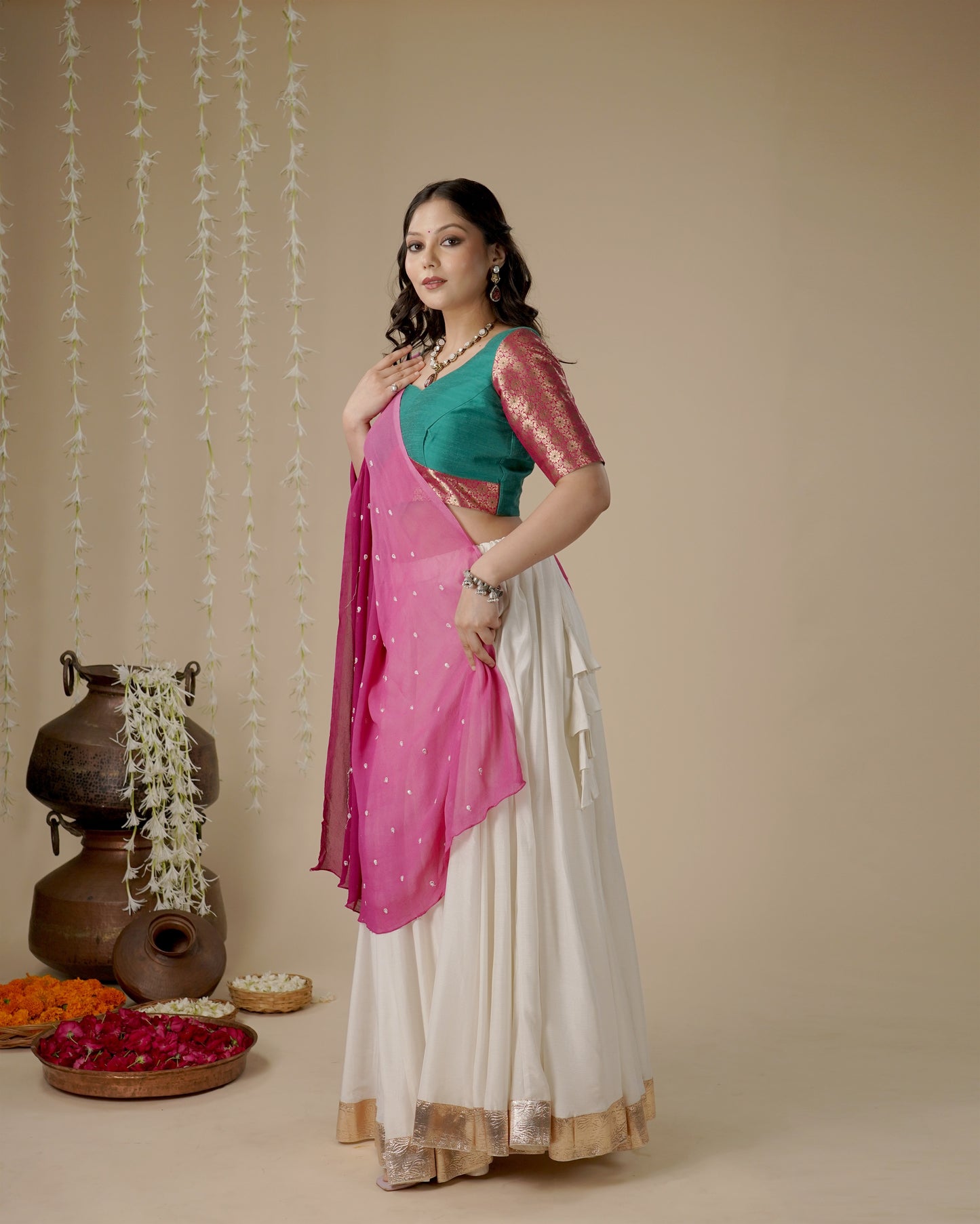 White & Pink Lehenga Set