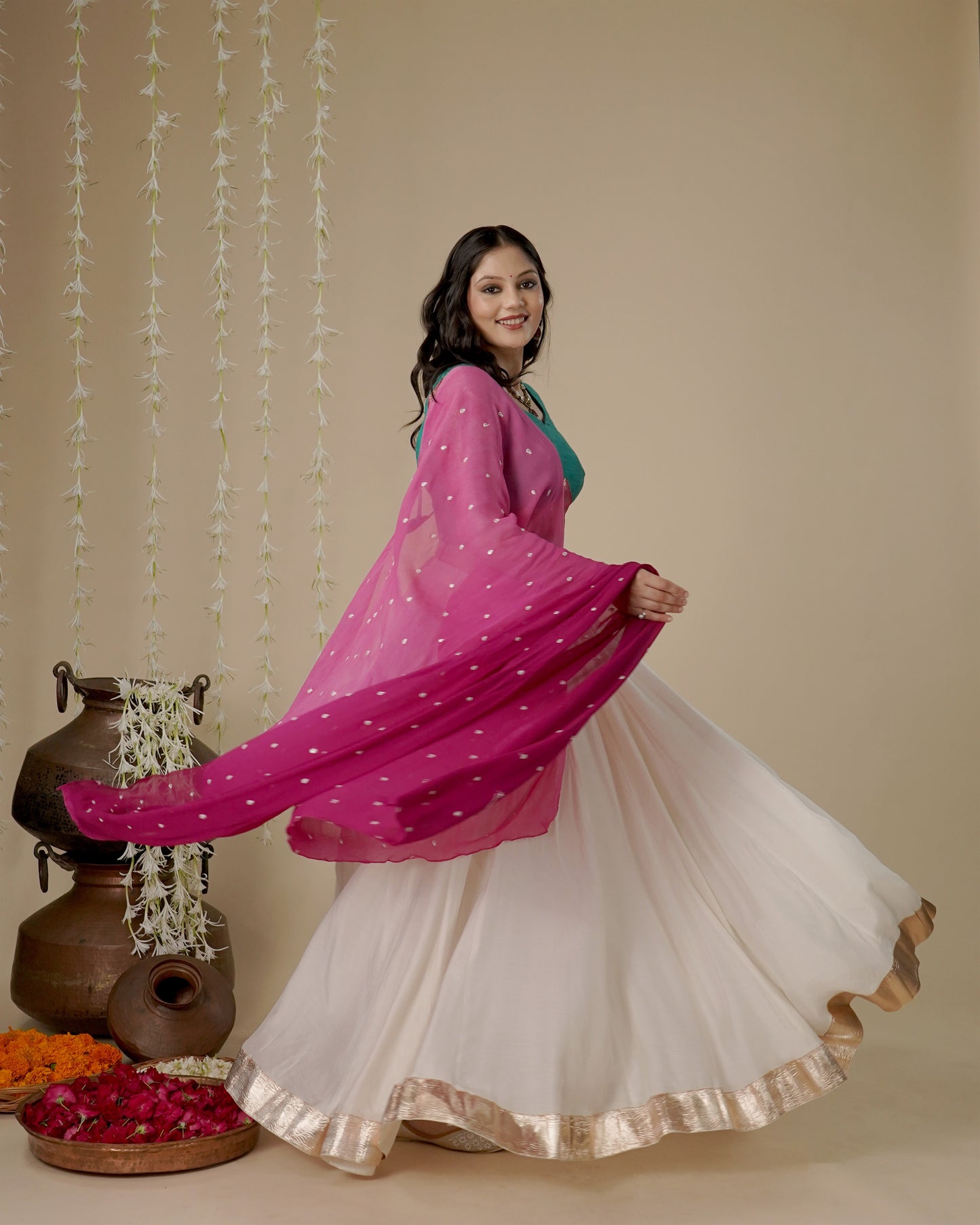 White & Pink Lehenga Set