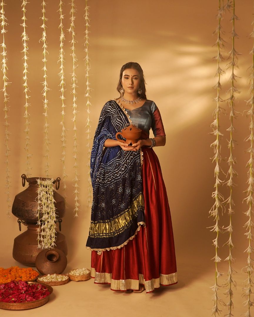 Regal Red & Navy Bandhani Lehenga Set