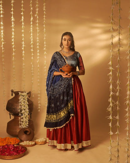 Regal Red & Navy Bandhani Lehenga Set