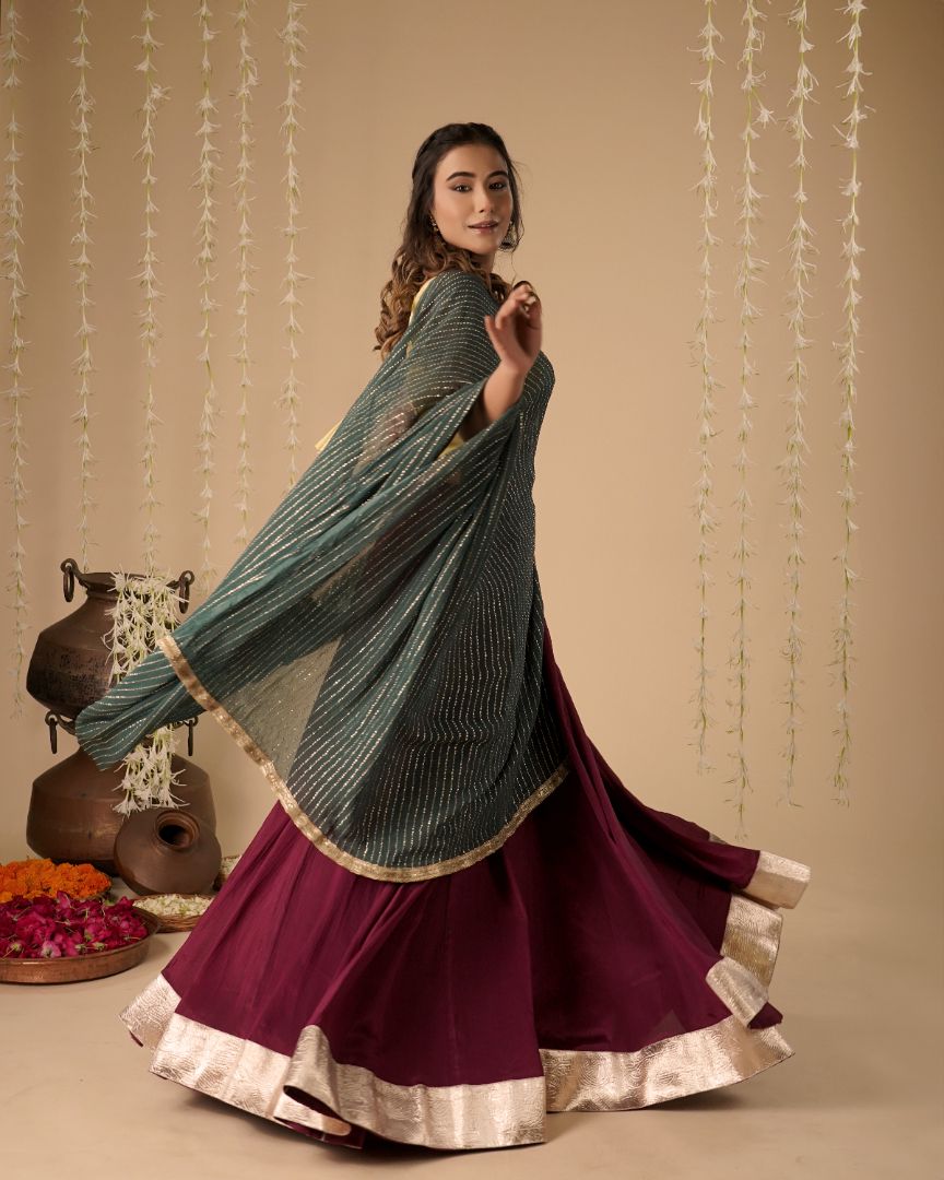 Wine & Green Lehenga Set