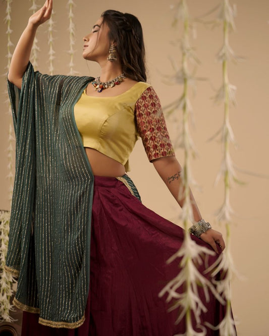 Wine & Green Lehenga Set