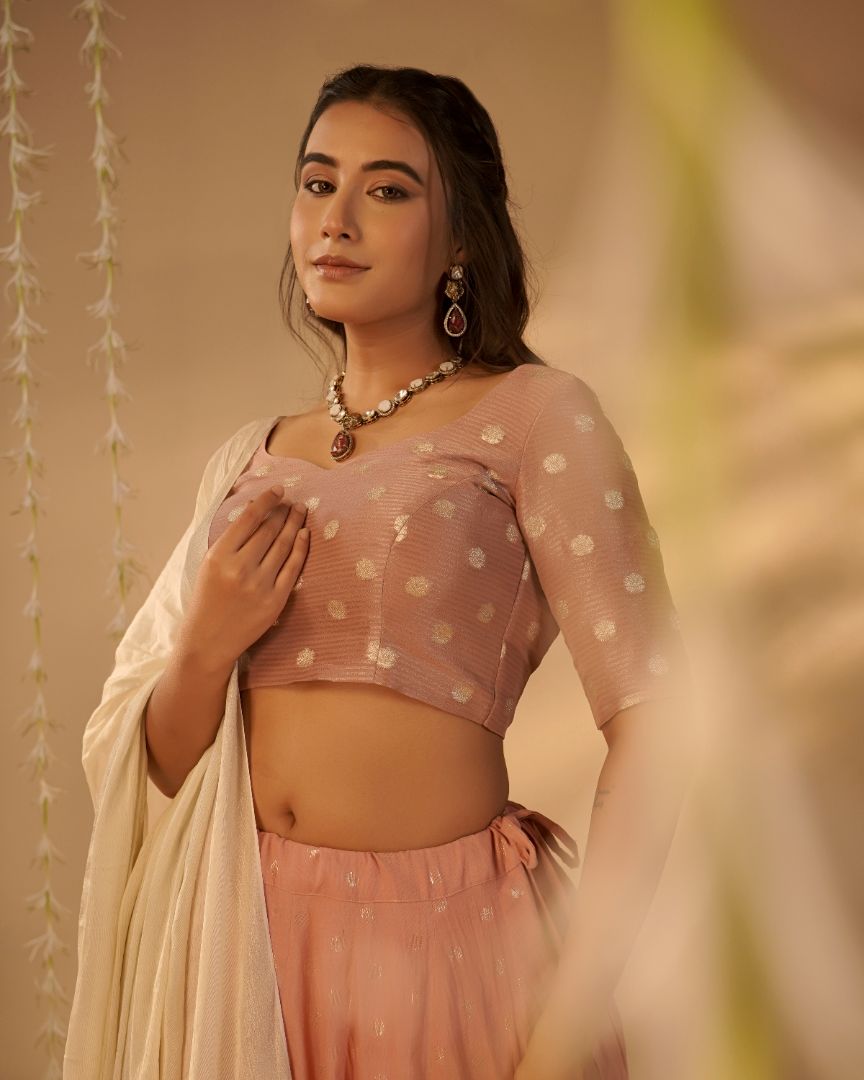Blush Pink Zari Dotted Lehenga Set
