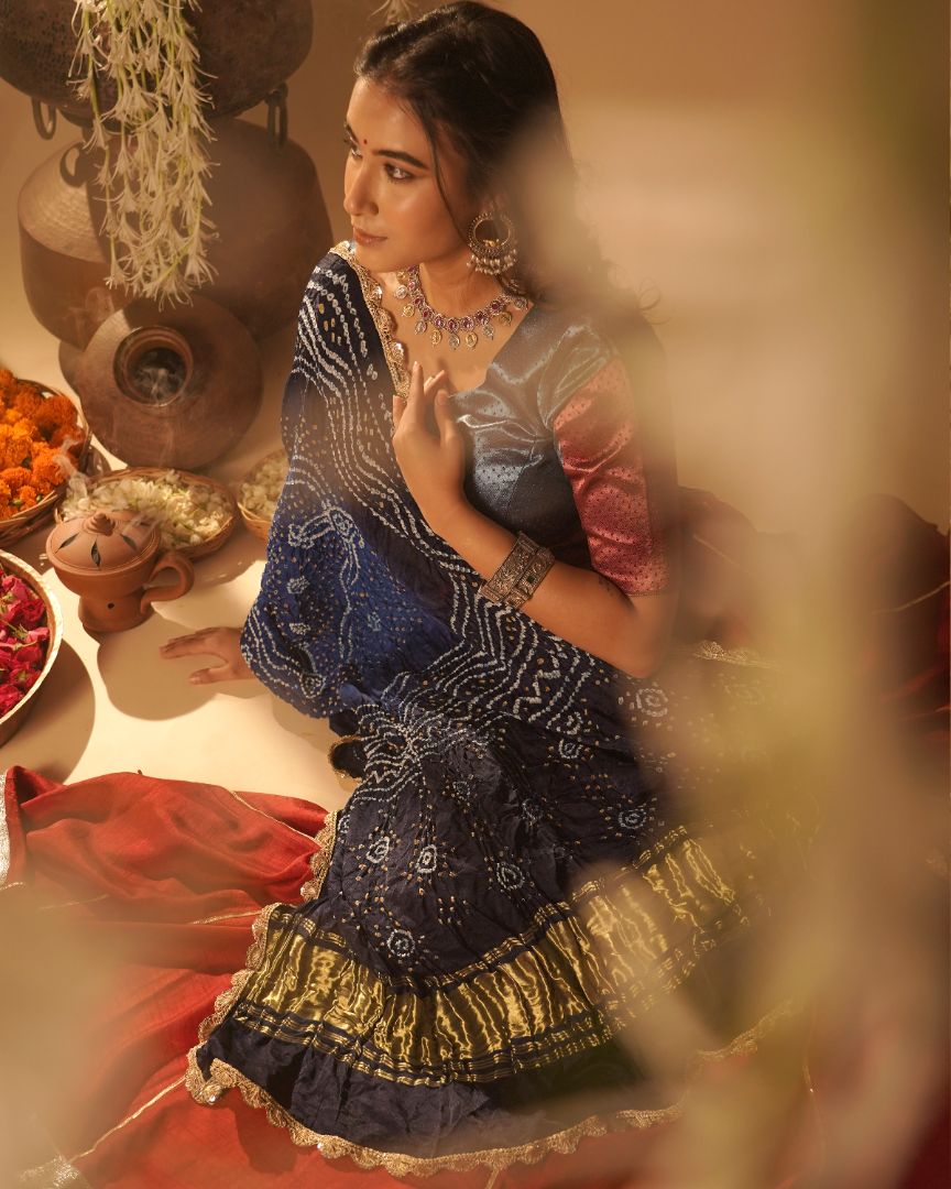 Regal Red & Navy Bandhani Lehenga Set