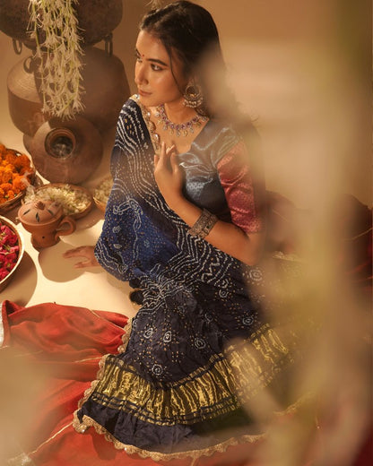 Regal Red & Navy Bandhani Lehenga Set