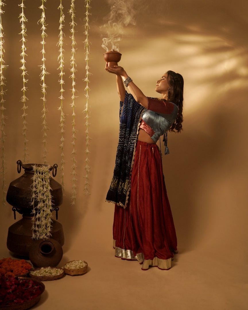 Regal Red & Navy Bandhani Lehenga Set