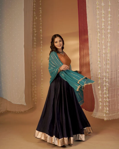 Midnight Blue & Rust Lehenga Set