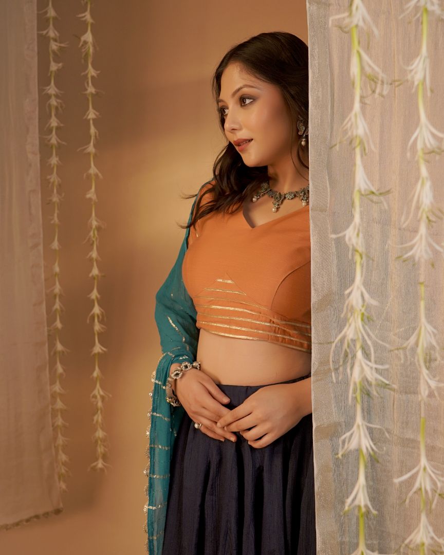 Midnight Blue & Rust Lehenga Set