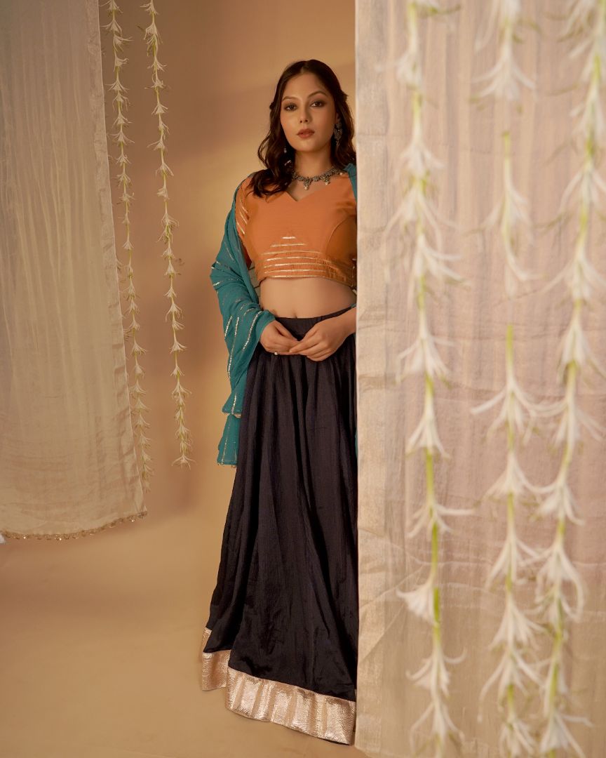 Midnight Blue & Rust Lehenga Set
