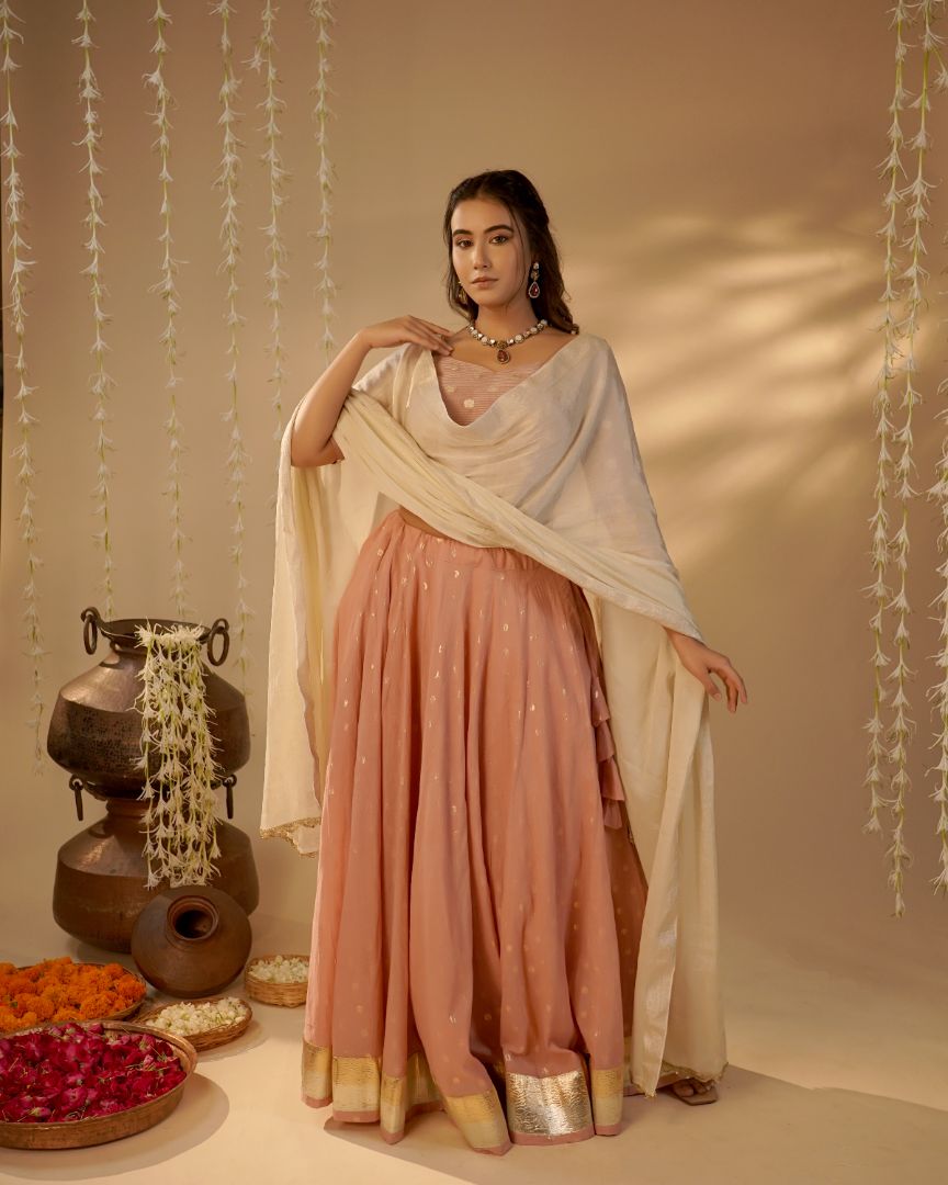 Blush Pink Zari Dotted Lehenga Set