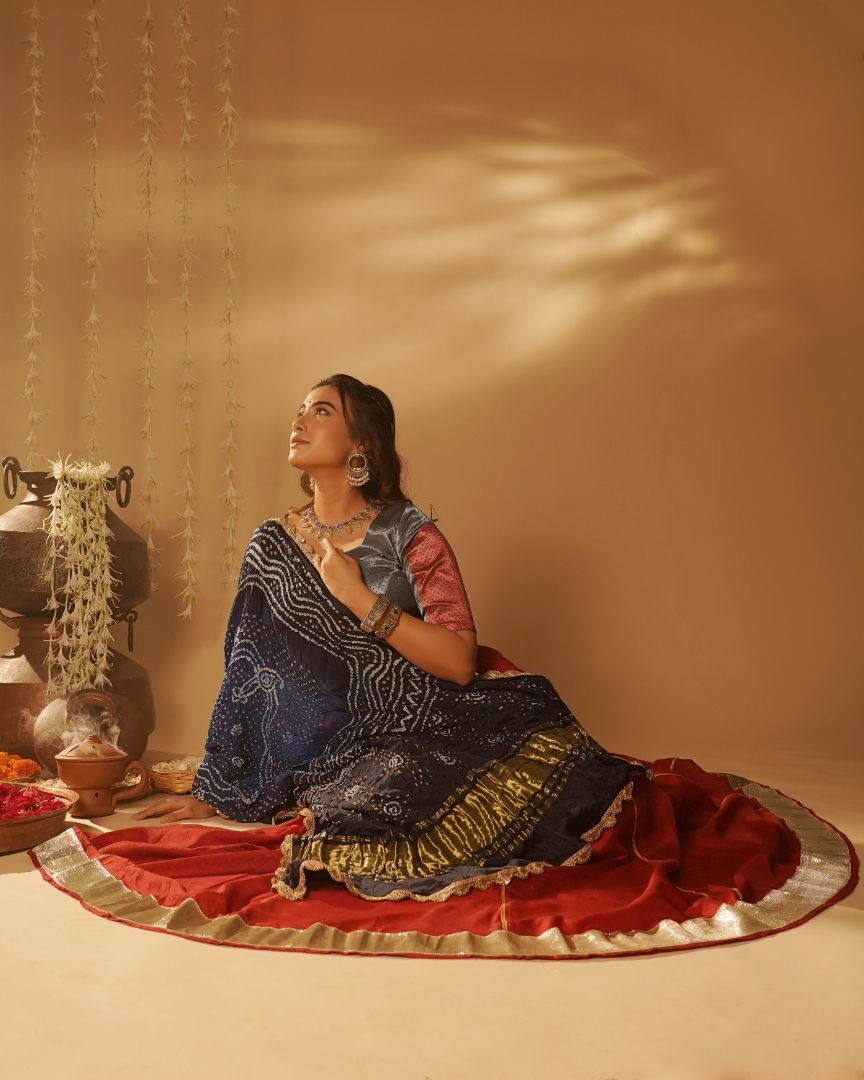 Regal Red & Navy Bandhani Lehenga Set