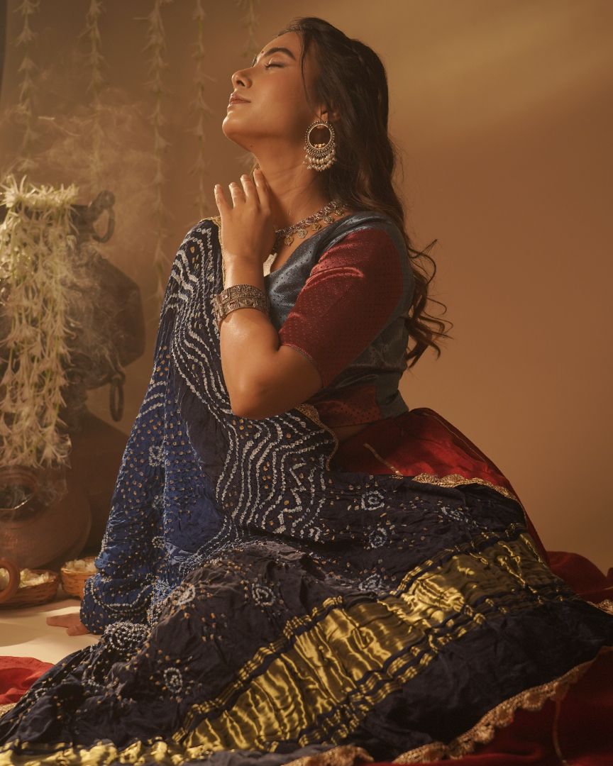 Regal Red & Navy Bandhani Lehenga Set