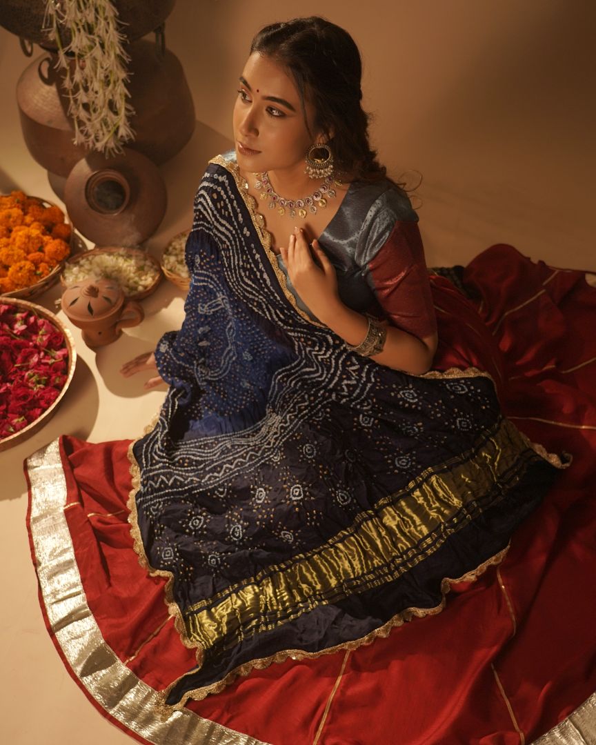 Regal Red & Navy Bandhani Lehenga Set