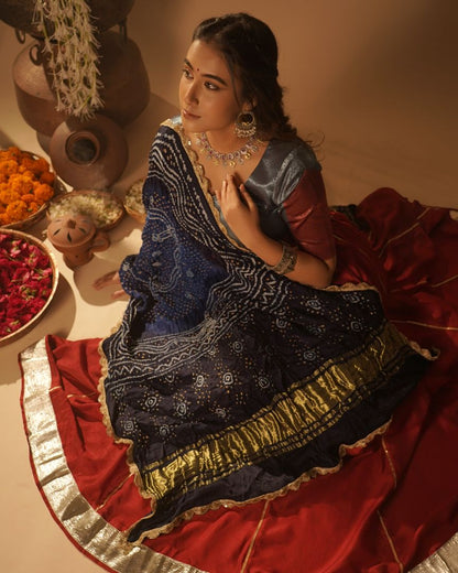 Regal Red & Navy Bandhani Lehenga Set