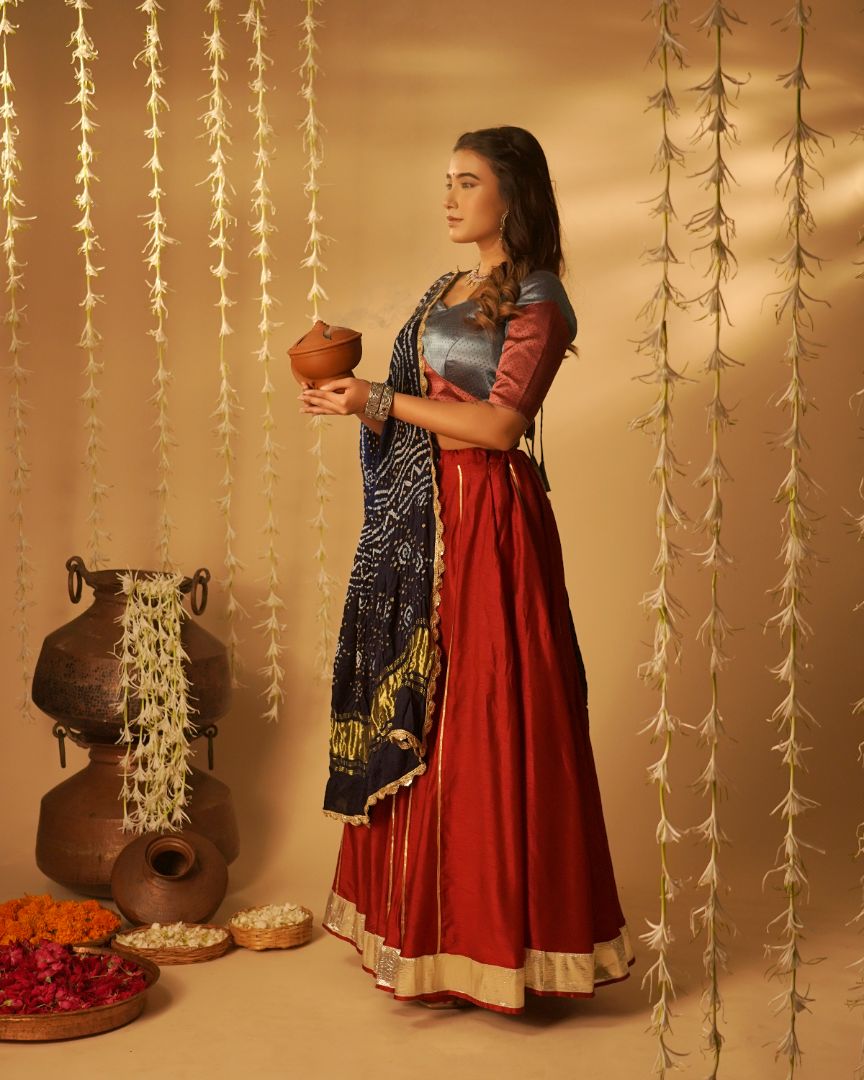 Regal Red & Navy Bandhani Lehenga Set