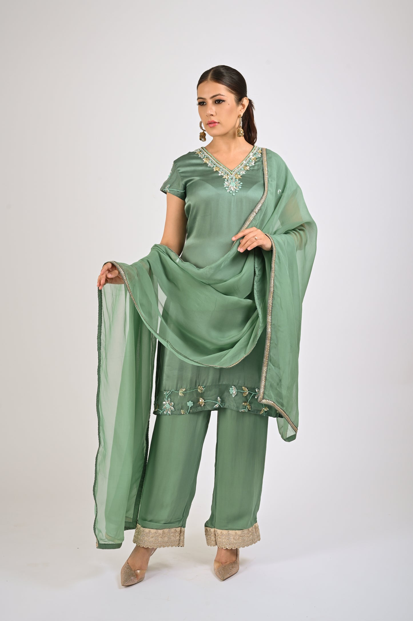 Granite Green Satin Kurta Set