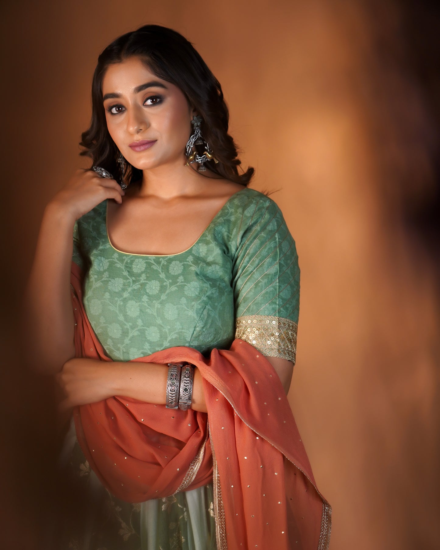 Sage Green & Rust Lehenga Set