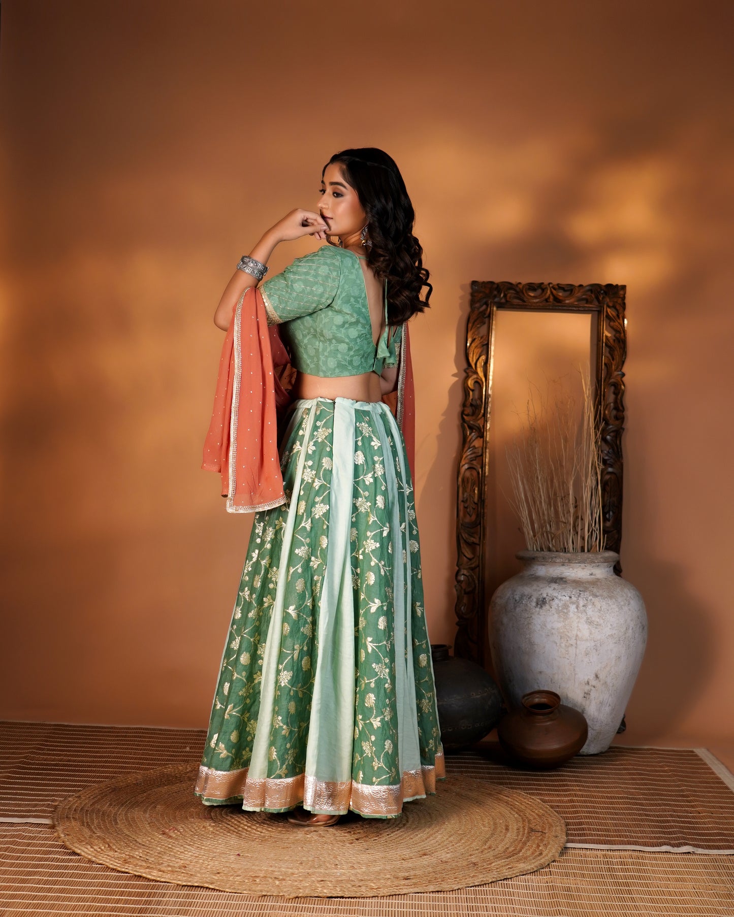 Sage Green & Rust Lehenga Set
