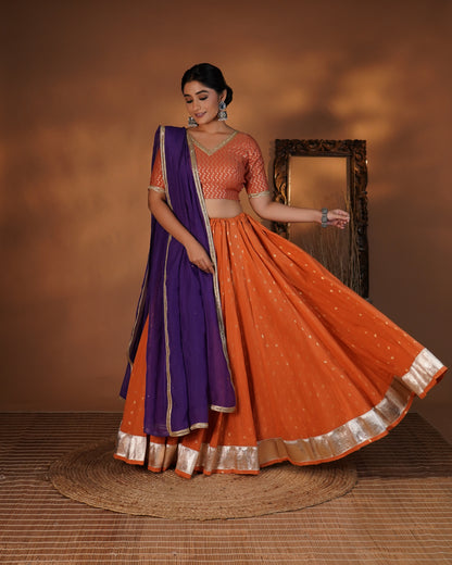 Tangerine Orange & Purple Lehenga Set