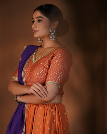 Tangerine Orange & Purple Lehenga Set