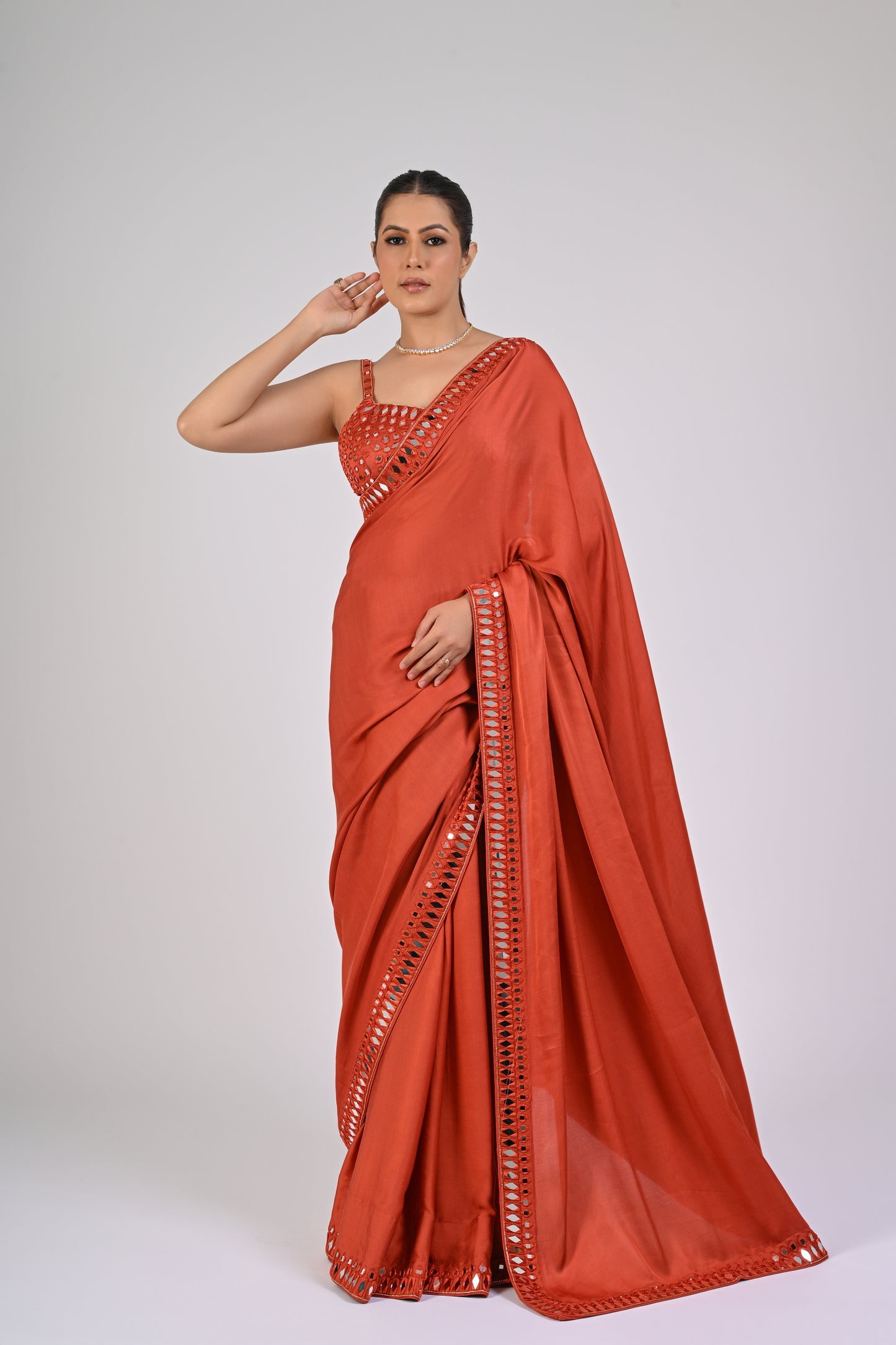 Rust Orange Satin Saree Set