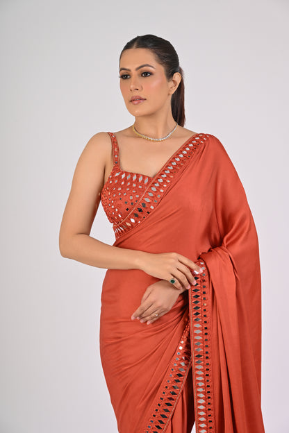 Rust Orange Satin Saree Set