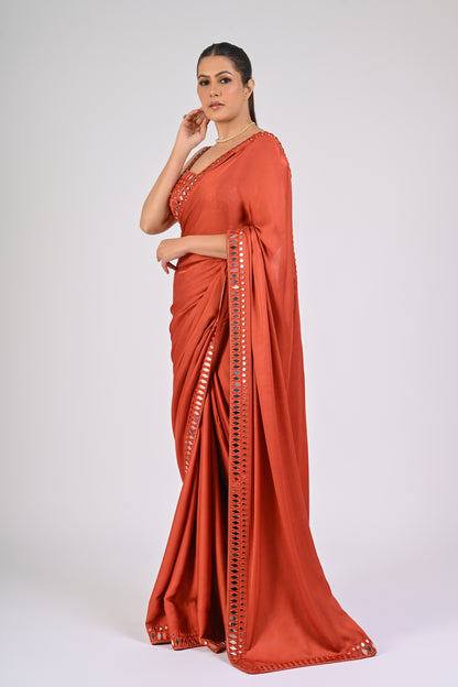 Rust Orange Satin Saree Set