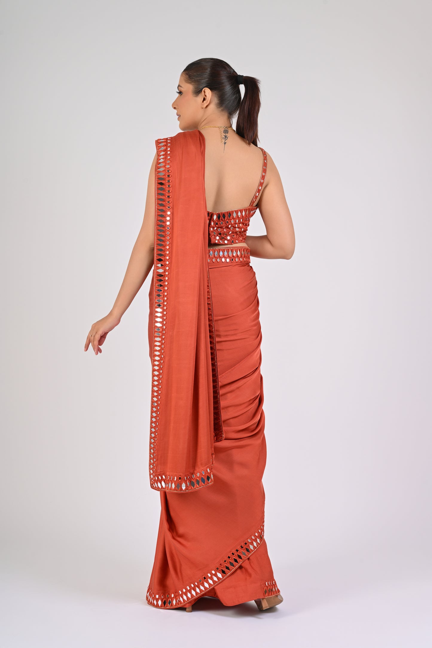 Rust Orange Satin Saree Set