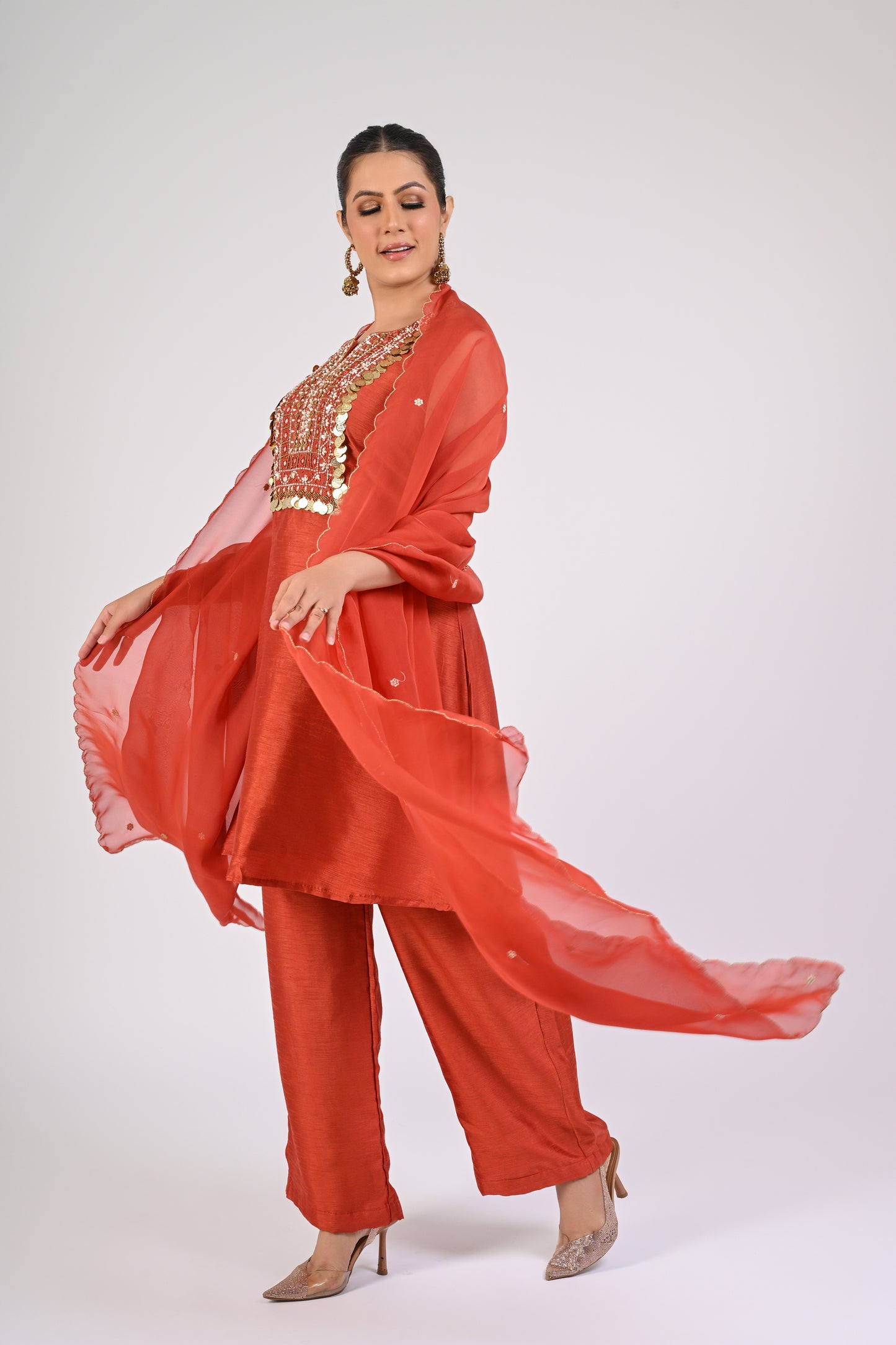 Rust Orange Embellished Kurta Set