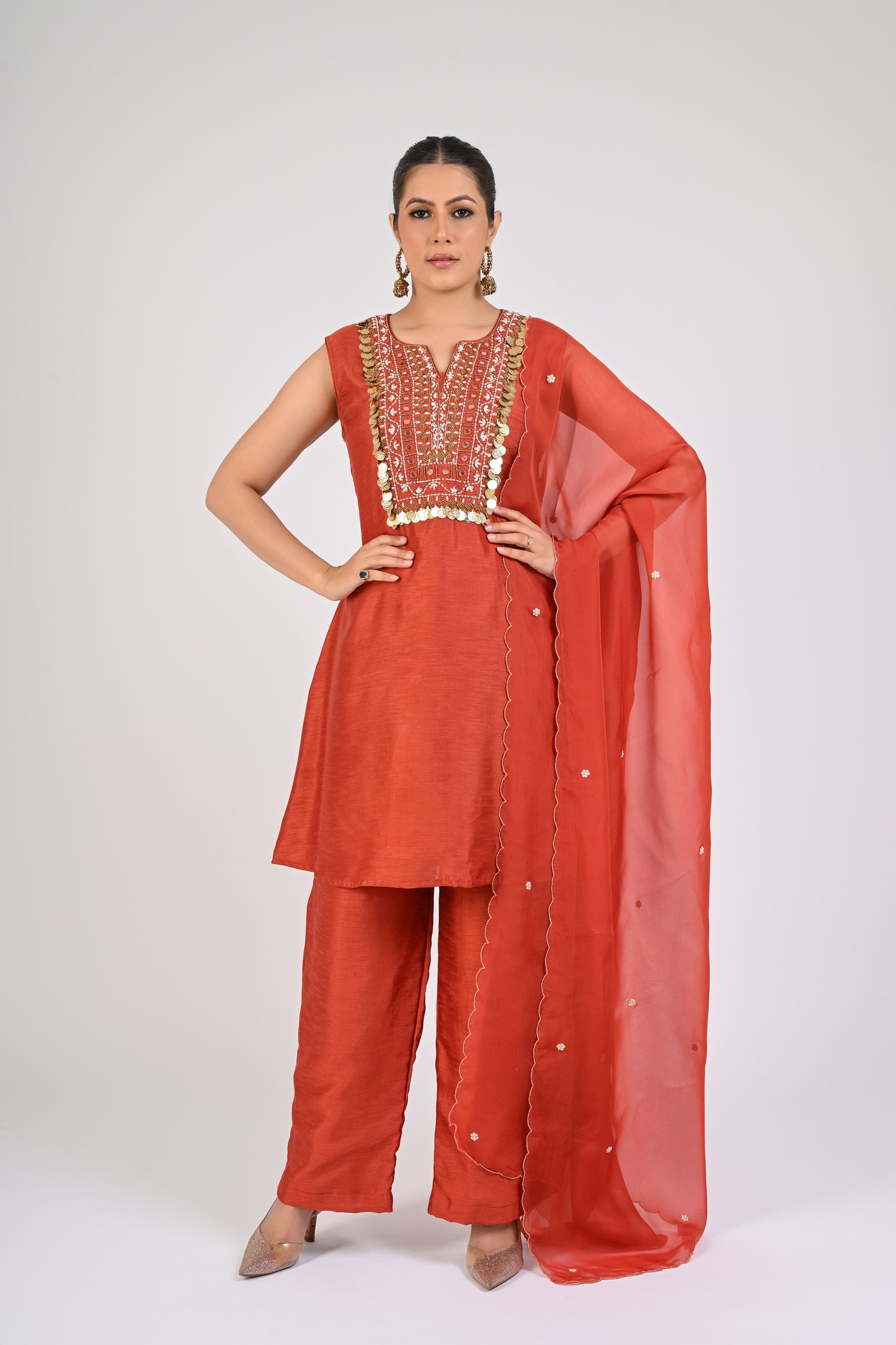 Rust Orange Embellished Kurta Set