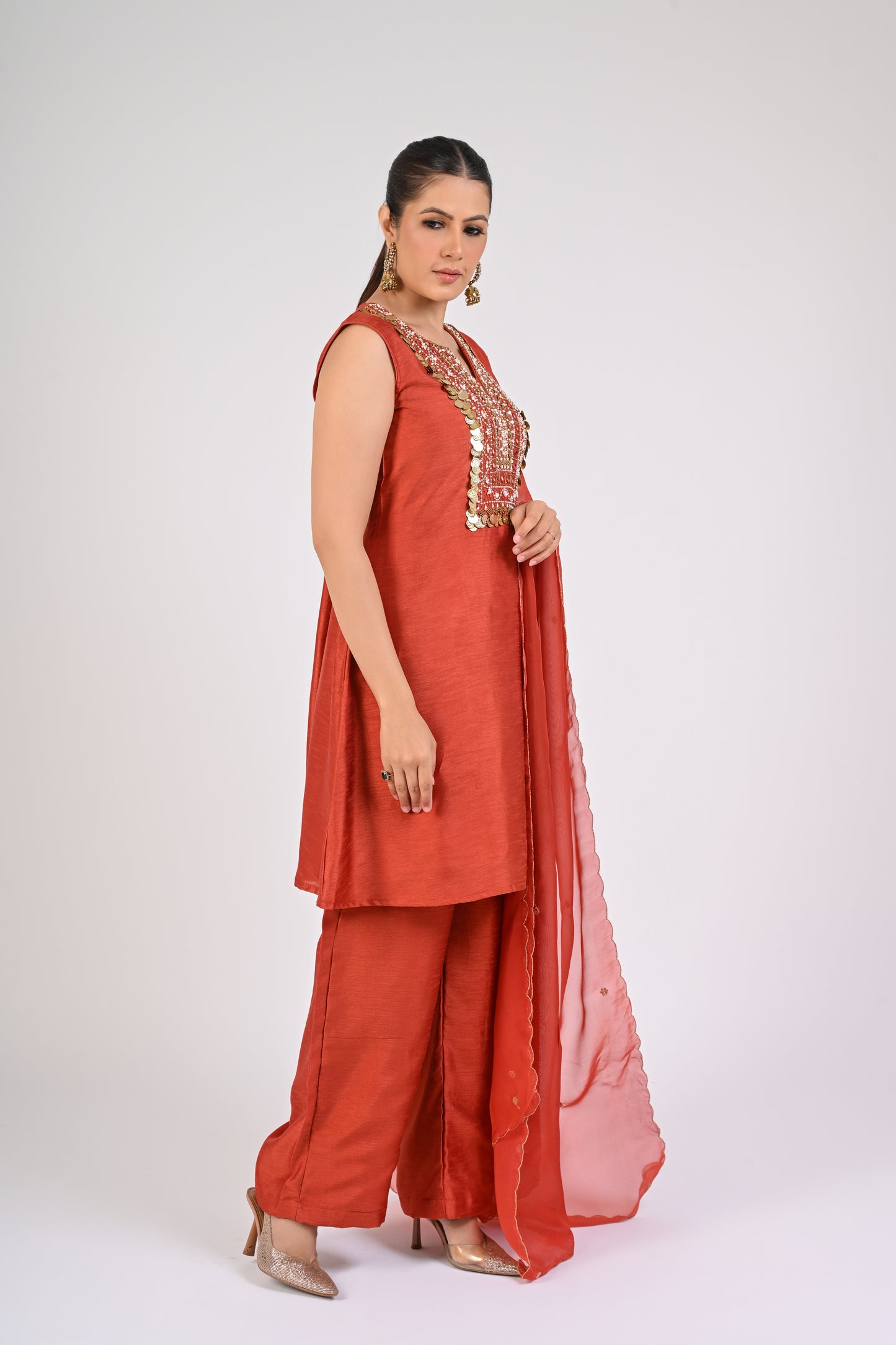 Rust Orange Embellished Kurta Set