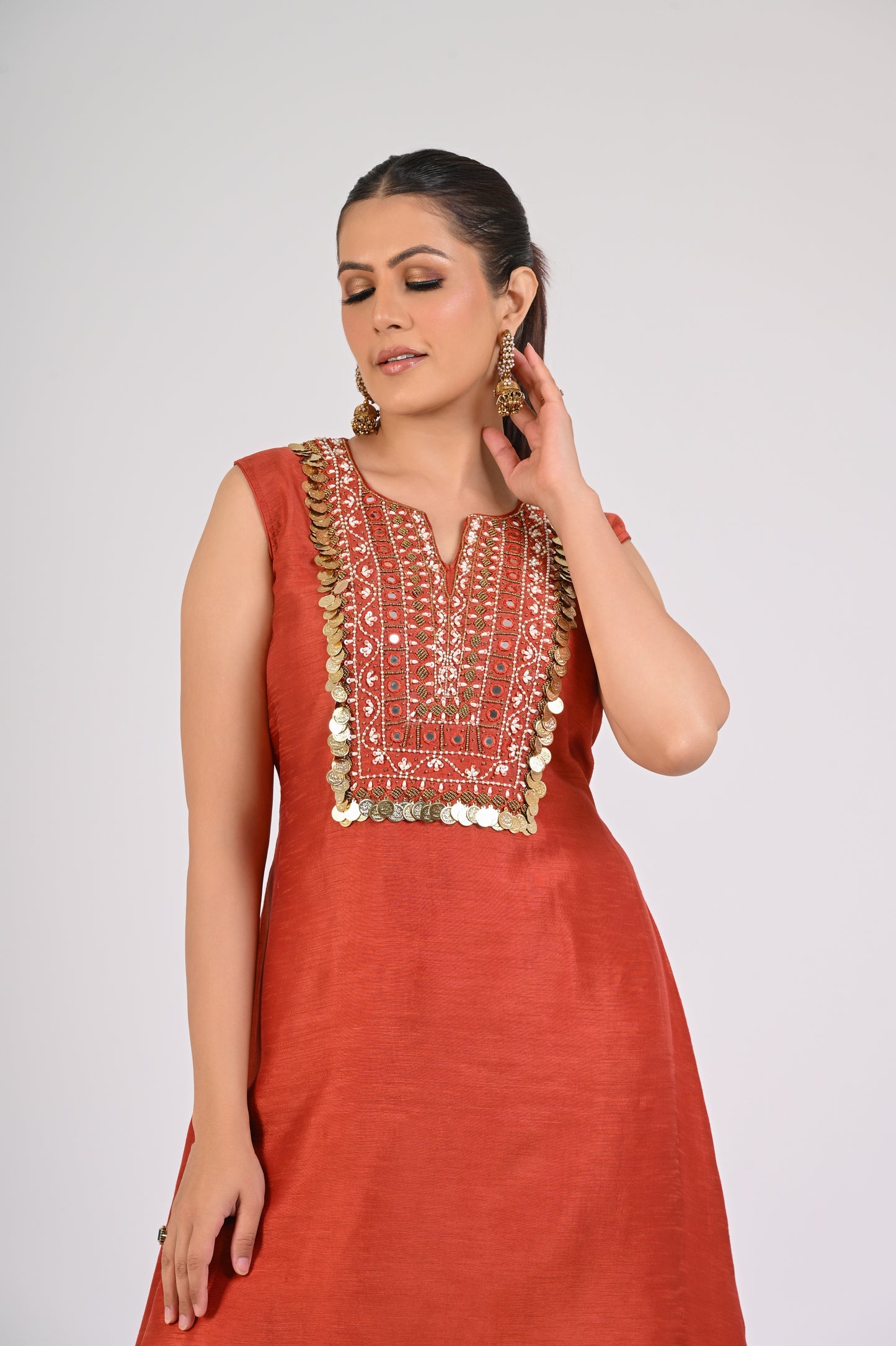Rust Orange Embellished Kurta Set