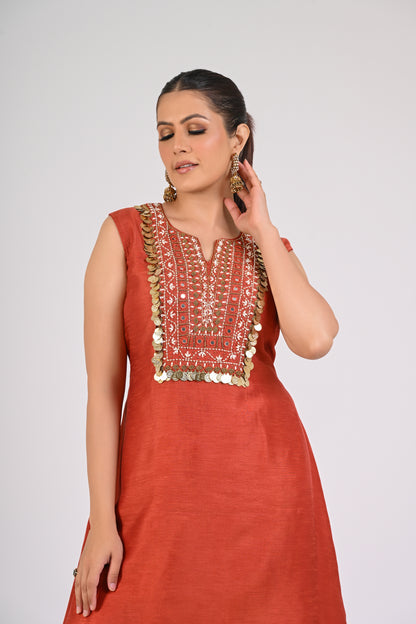 Rust Orange Embellished Kurta Set