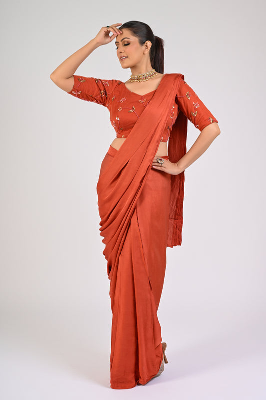 Rust Orange Draped Saree Set