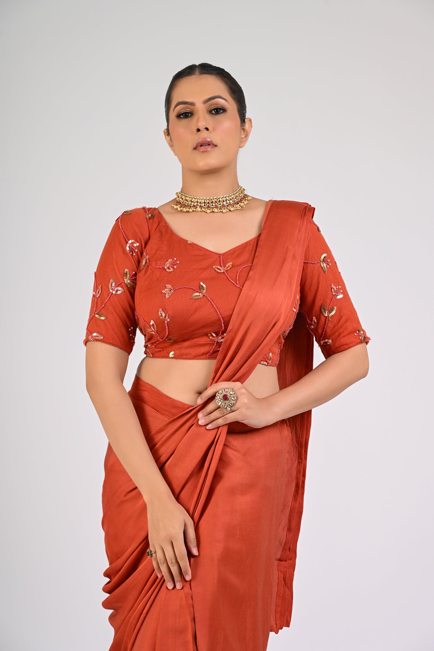 Rust Orange Draped Saree Set