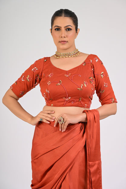 Rust Orange Draped Saree Set