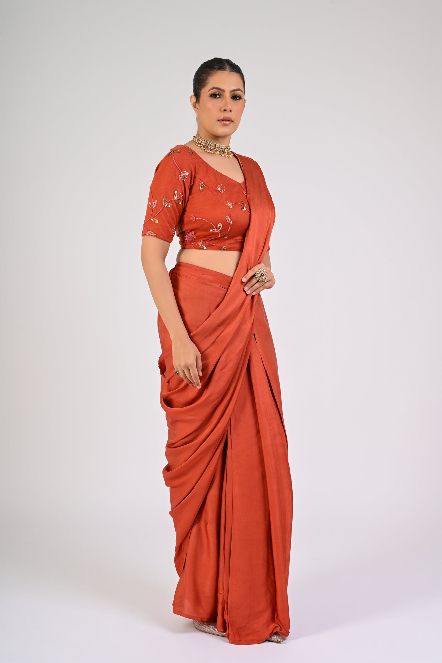 Rust Orange Draped Saree Set