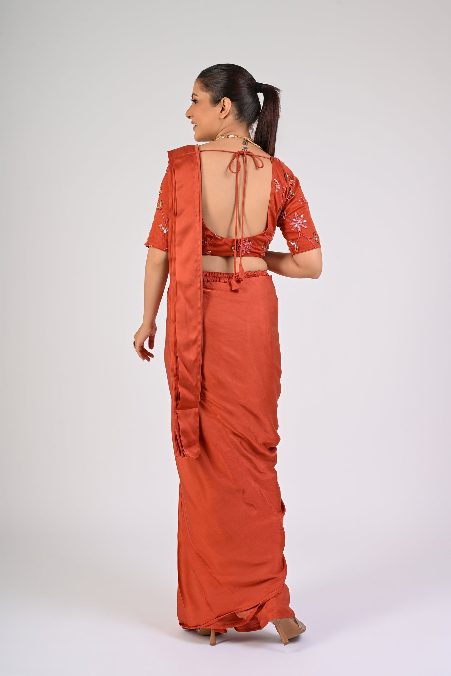 Rust Orange Draped Saree Set