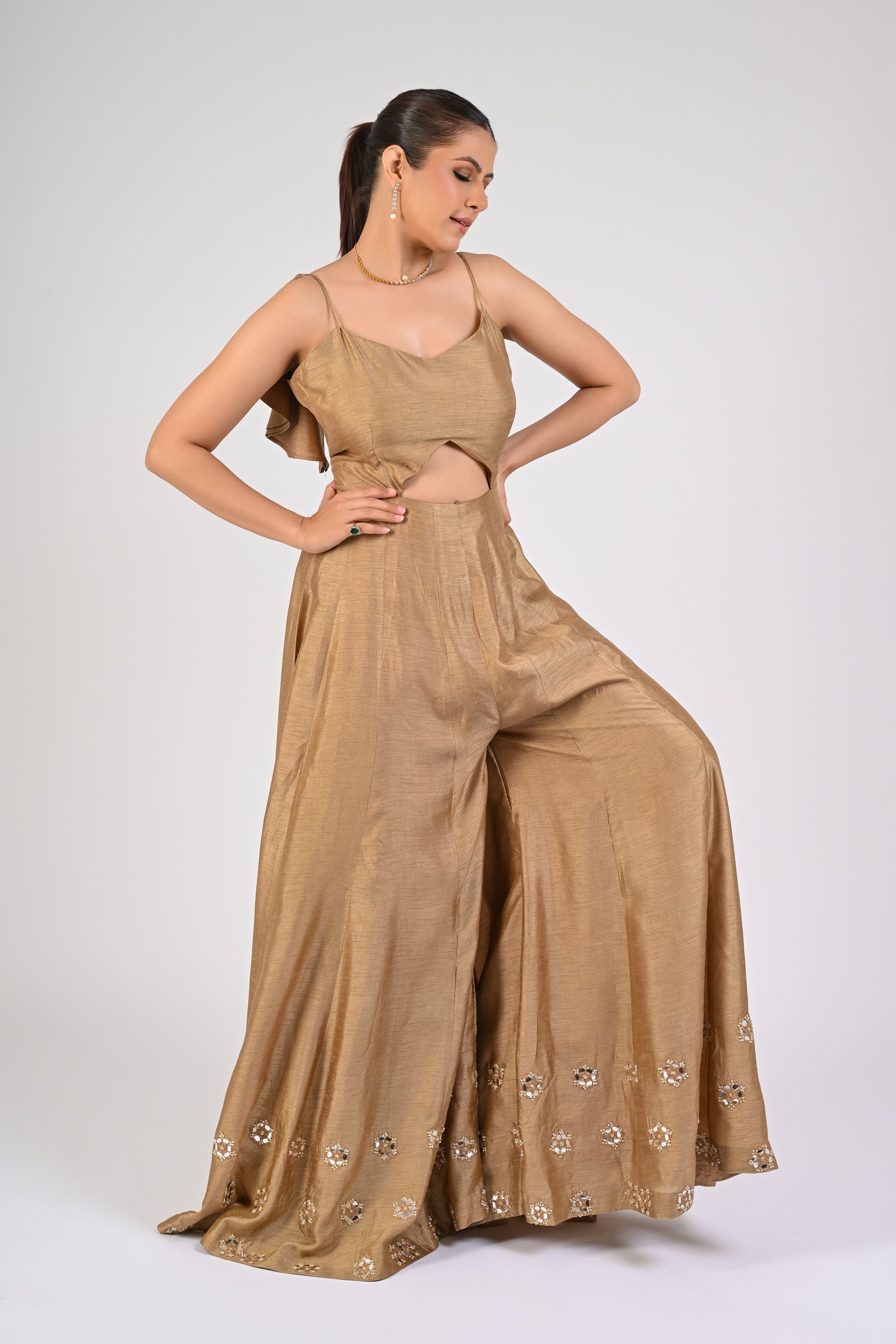 Dull Gold Embellished Jumpsuit