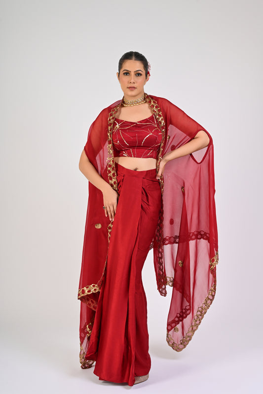 Syrah Red Draped Skirt Set