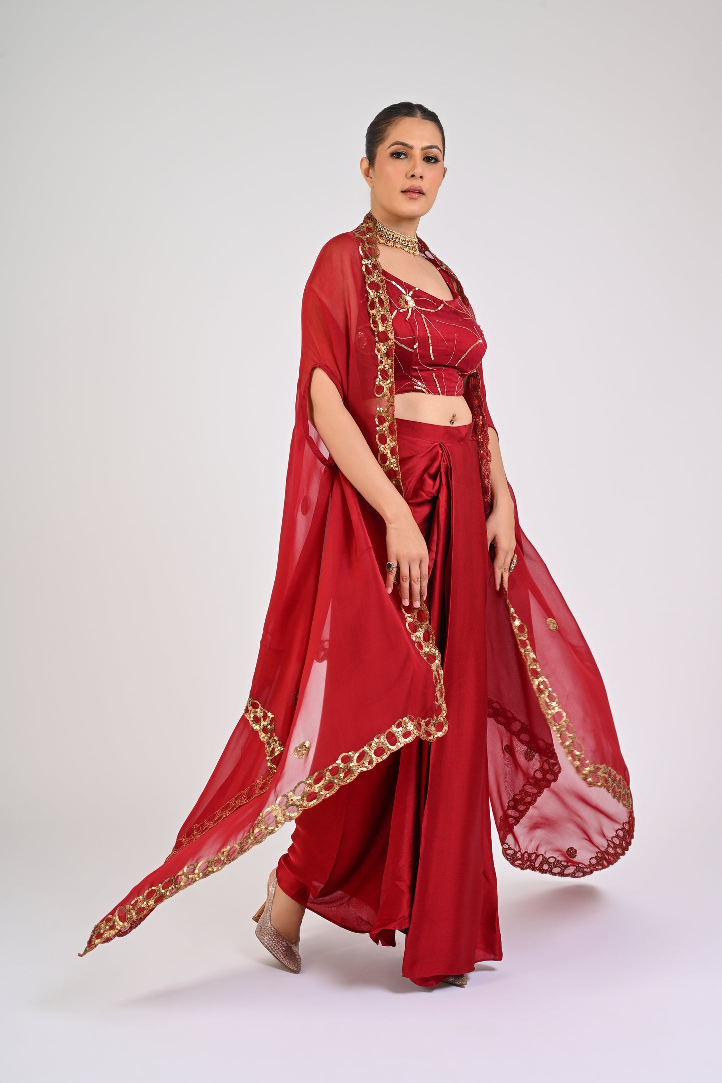 Syrah Red Draped Skirt Set