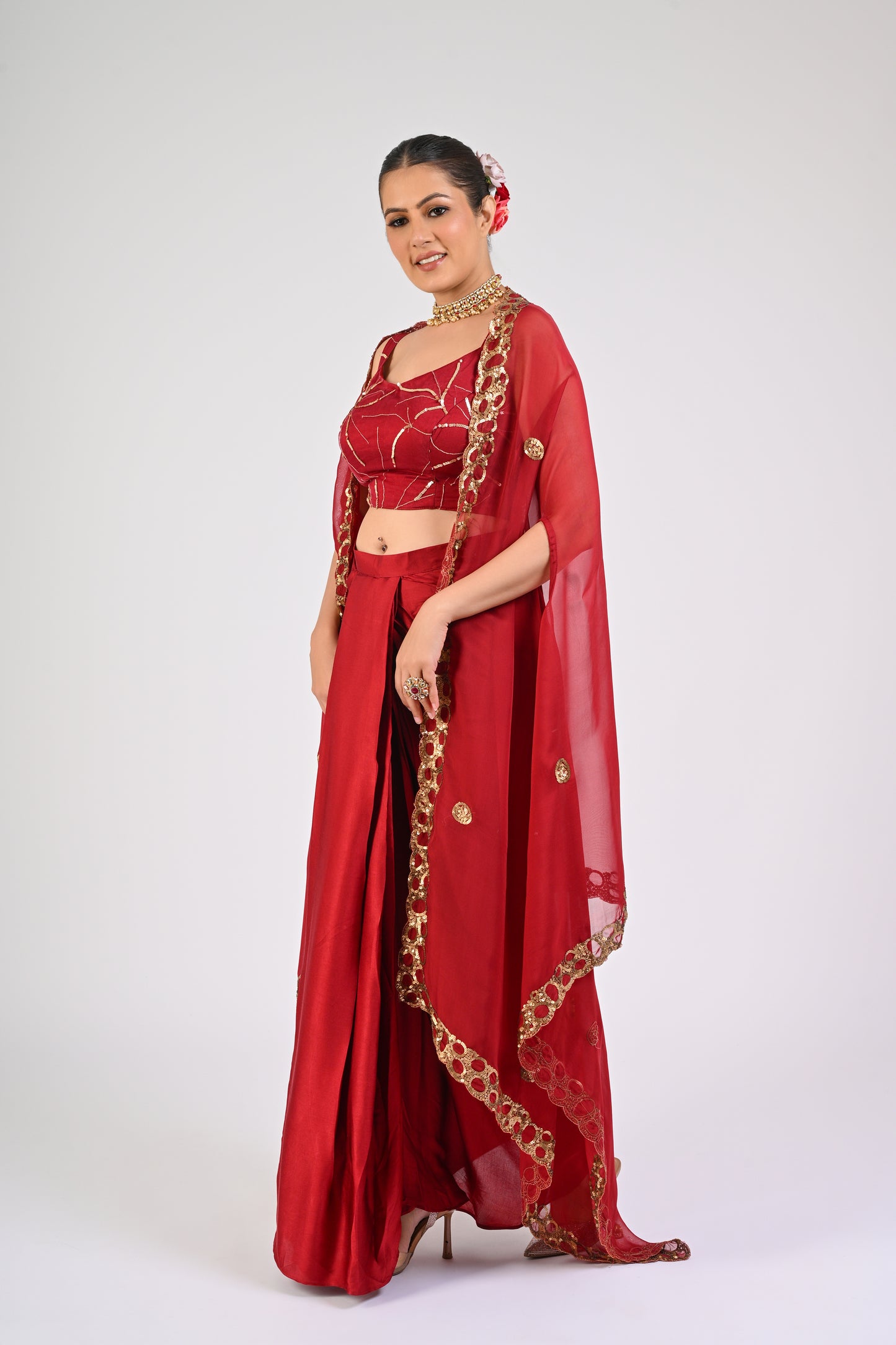 Syrah Red Draped Skirt Set