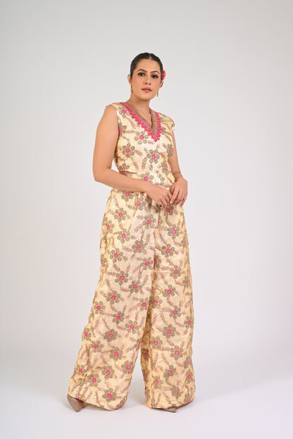 Cream & Fuchsia Floral Embroidered Jumpsuit
